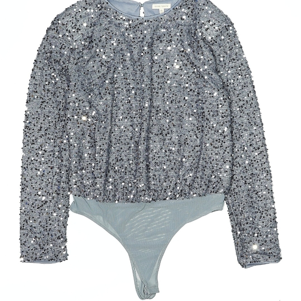 Flying Tomato Silver Sequin Long-Sleeve Bodysuit | Size XL